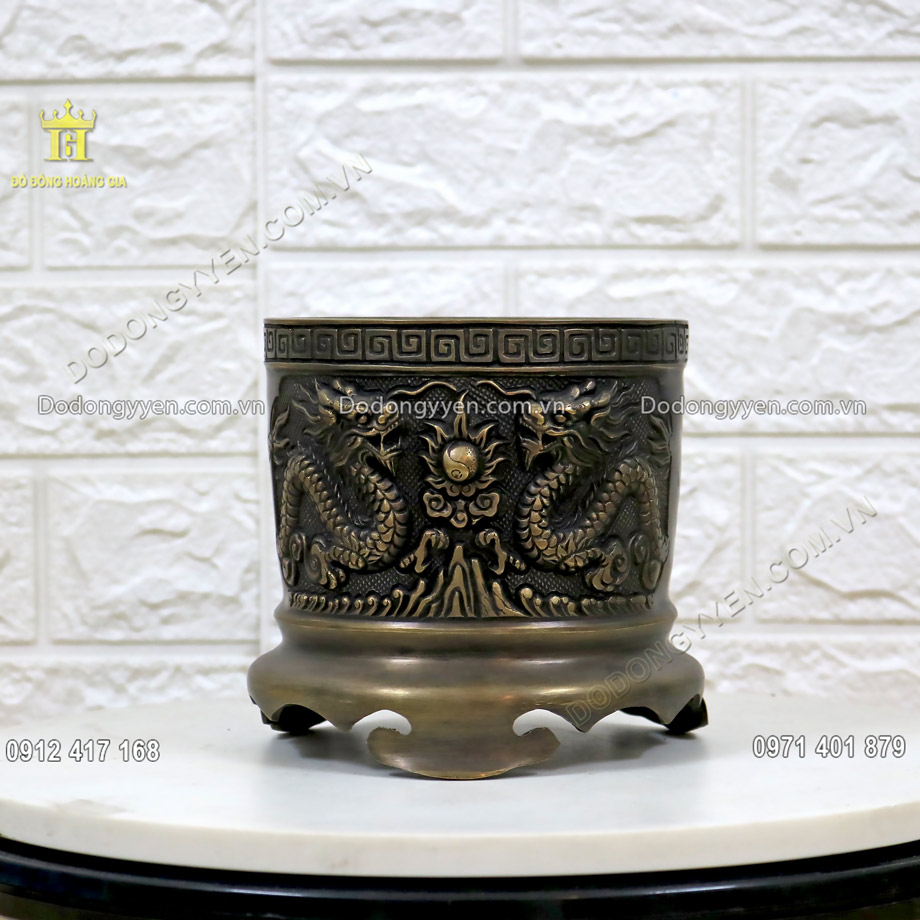 Bát Hương Bằng Đồng Hun Giả Cổ Họa Tiết Song Long Chầu Nguyệt