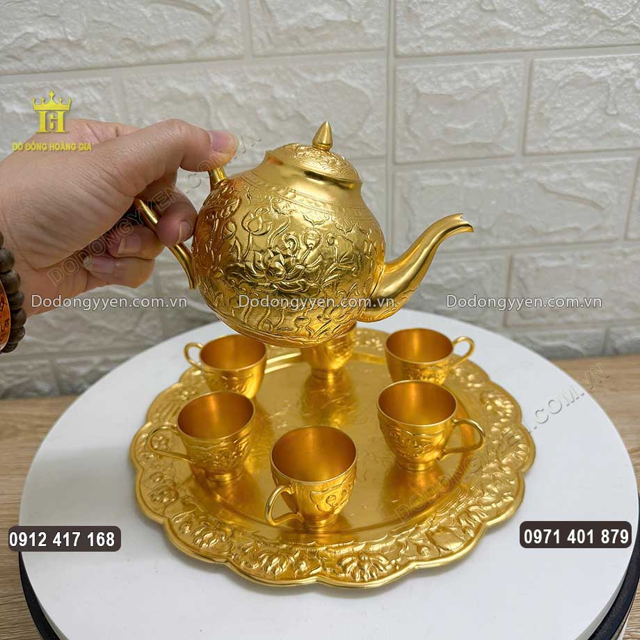 Bộ Ấm Chuyên Chạm Hoa Sen Dát Vàng 9999 Hàng Đặt - Đồ Thờ Cúng Đẹp Tinh Xảo