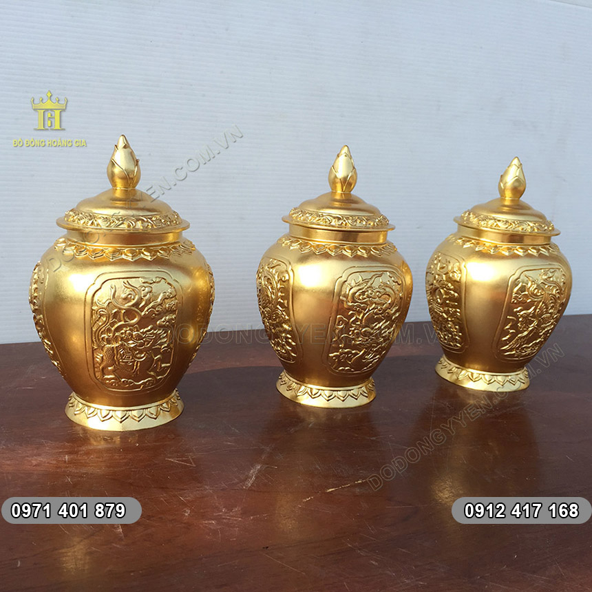 Bộ Chóe Đồng Dát Vàng Chạm Tứ Linh Bộ Chóe Đồng Dát Vàng Chạm Tứ Linh