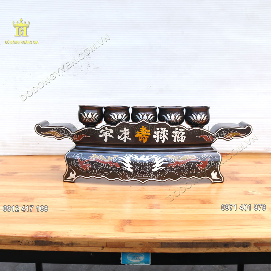 Bộ Ngai 5 Chén Nước Bằng Đồng Khảm Ngũ Sắc Hàng VIP 