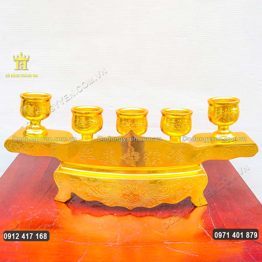 Bộ Ngai 5 Chén Thờ Bằng Đồng Dát Vàng 9999 Cao Cấp