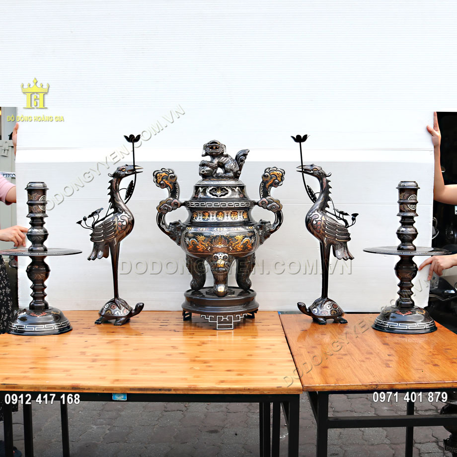 Bộ Ngũ Sự Đồng Đỏ Khảm Ngũ Sắc Đúc Thủ Công Cao Cấp Bộ 70Cm