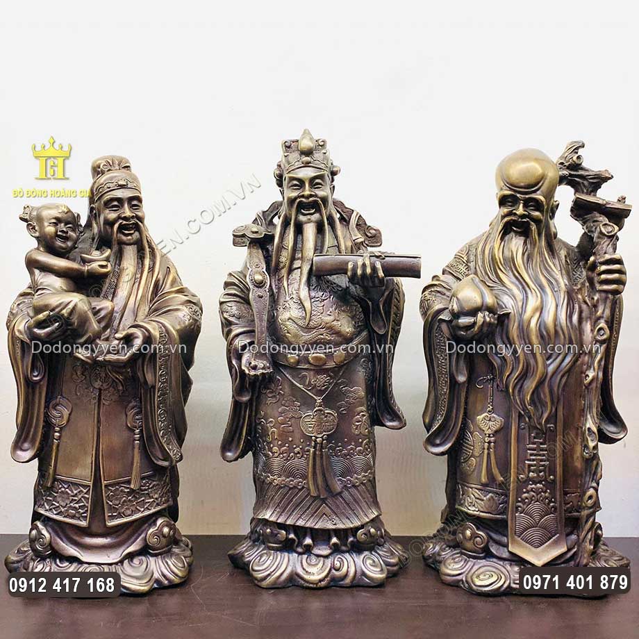 Bộ Tam Đa Phúc Lộc Thọ Bằng Đồng Hun Giả Cổ Cao 35Cm