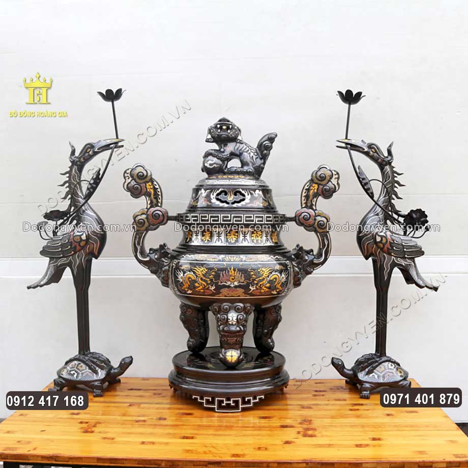 Bộ Tam Sự Đỉnh Hạc Bằng Đồng Đỏ Khảm Ngũ Sắc Cao 65Cm