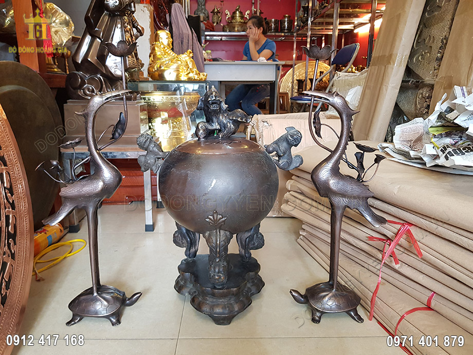 Bộ Tam Sự Hạc Đỉnh Thất L&acirc;n Đồng Đỏ Hun 50Cm