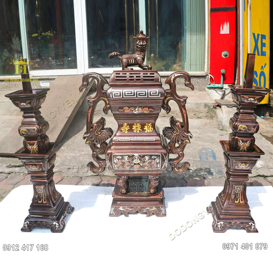 Bộ Tam Sự Khảm Ngũ Sắc Đỉnh Đồng Vuông Mẫu Đài Loan Bộ 70Cm 