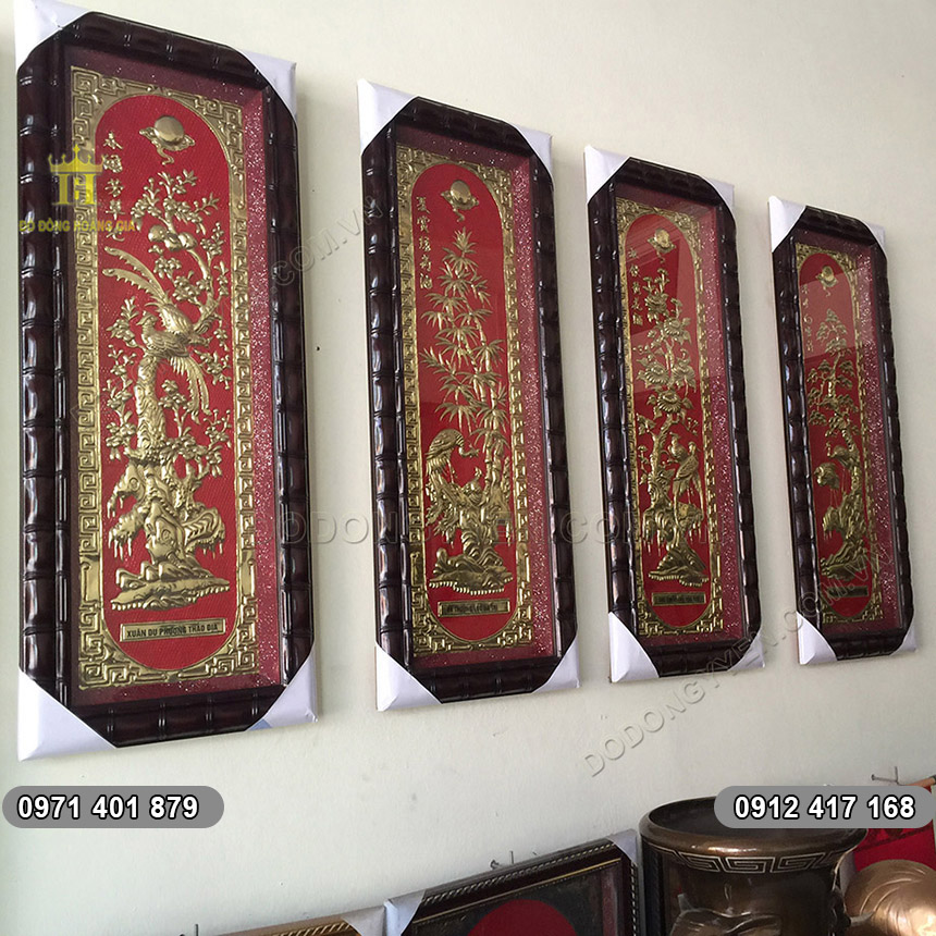 Bộ Tứ Quý Đồng Vàng Khung Đen Đốt Trúc 1m