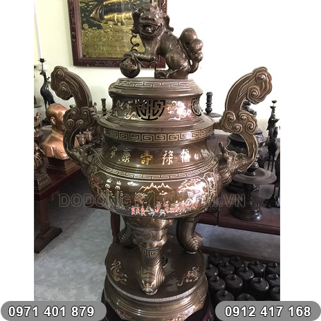 Đỉnh đồng mao rồng mỹ nghệ khảm tam khí cao 1m4
