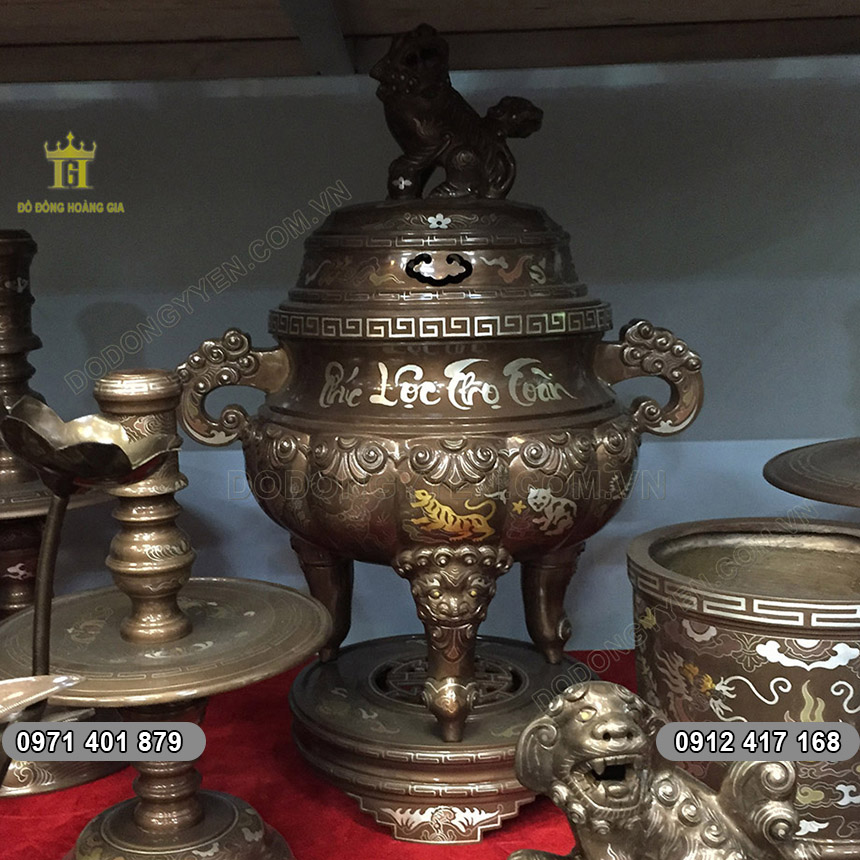 Đỉnh đồng Phúc Lộc Thọ Toàn khảm Ngũ Sắc