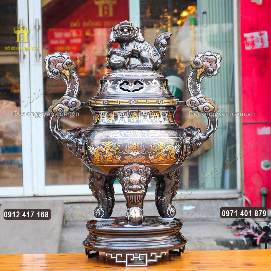 Đỉnh Đồng Rồng Khảm Ngũ Sắc Cao Cấp Cao 70Cm