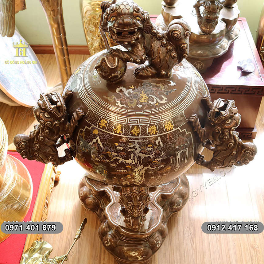 Đỉnh Đồng Thất Lân Vờn Cầu Khảm Ngũ Sắc 1m1