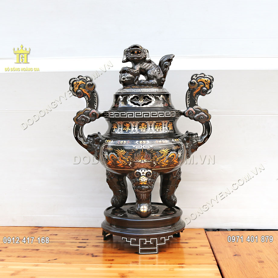 Đỉnh Thờ Bằng Đồng Đỏ Khảm Ngũ Sắc Cao Cấp Cao 70cm