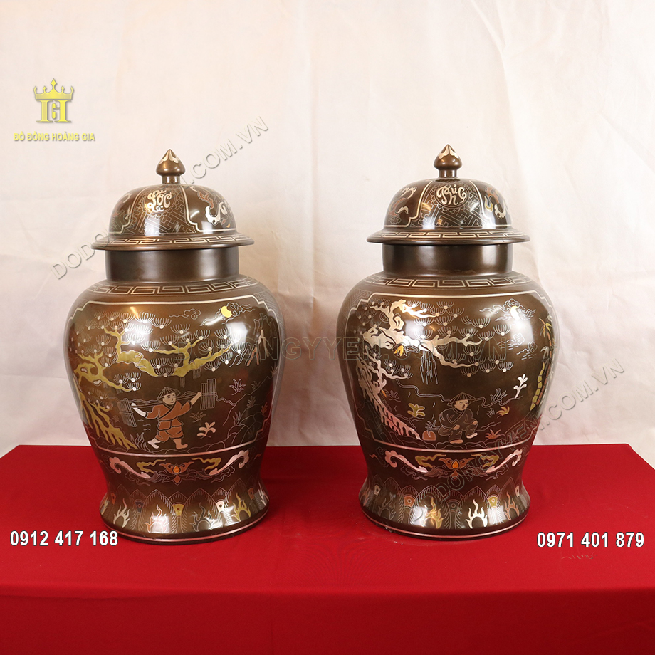 Đôi chóe thờ bằng đồng khảm ngũ sắc cao cấp