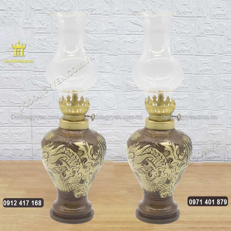 Đôi Đèn Dầu Bằng Đồng Chạm Rồng Phượng Cao 15Cm