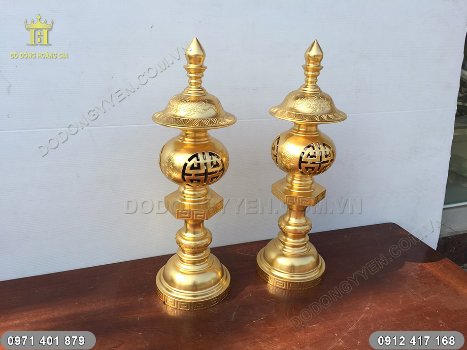 đèn đồng thờ cúng dát vàng