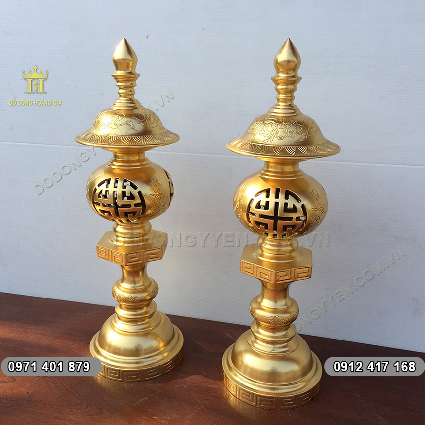 Đôi Đèn Đồng Thờ Cúng Đồng Đỏ Dát Vàng 55cm