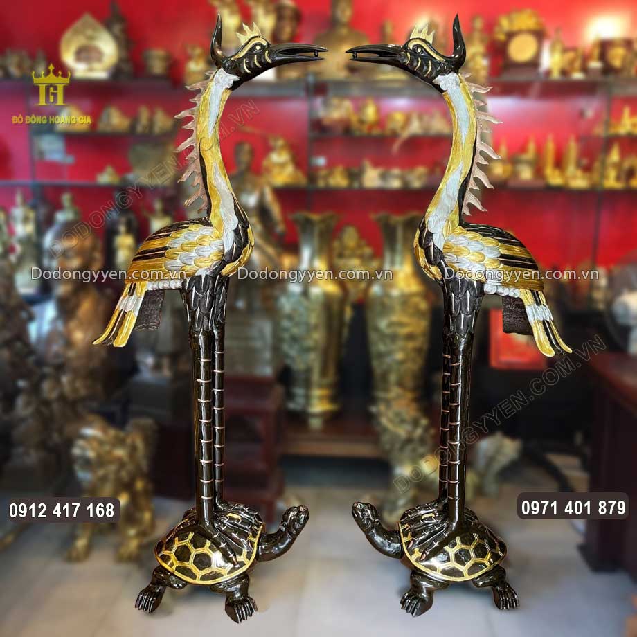 Đôi Hạc Thờ Bằng Đồng Đỏ Dát Tam Khí Vàng Bạc 1M97