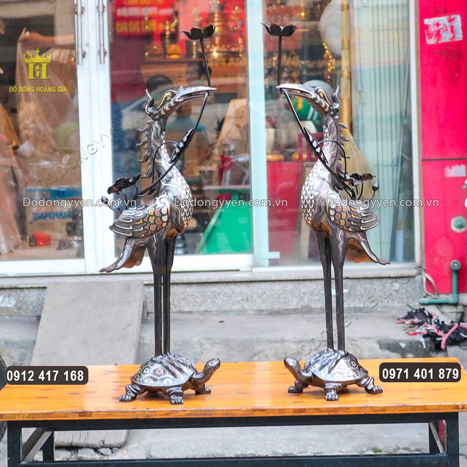 Đôi Hạc Thờ Bằng Đồng Khảm Ngũ Sắc Hàng VIP