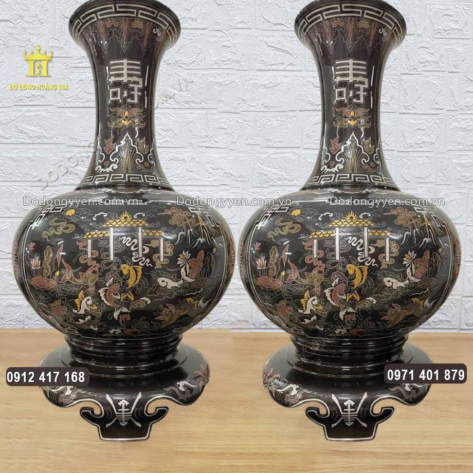 Đôi Lọ Củ Tỏi Cá Chép Hóa Rồng Khảm Ngũ Sắc Cao 68Cm