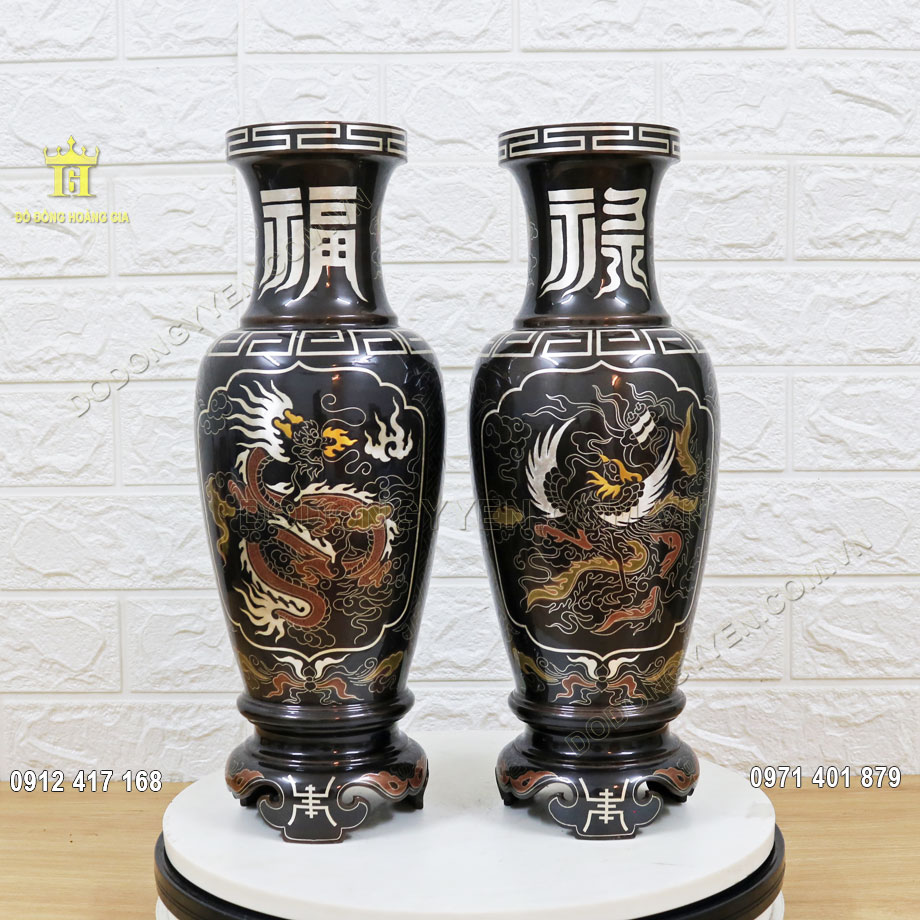 Đôi Lọ Hoa Bằng Đồng Khảm Ngũ Sắc Họa Tiết Rồng Phượng Cao 38cm 