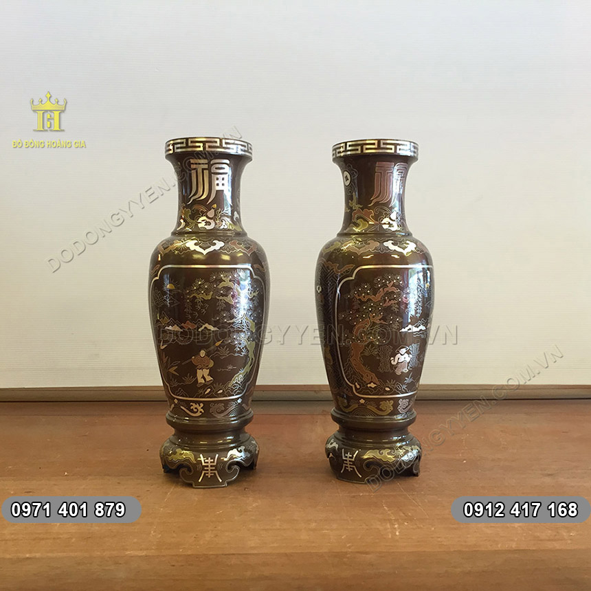 Đôi Lọ Hoa Bằng Đồng Khảm Vàng Bạc Đẹp Như Vẽ