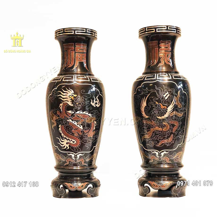 Đôi Lọ Hoa Bằng Đồng Khảm Rồng Phượng Tuyệt Đẹp