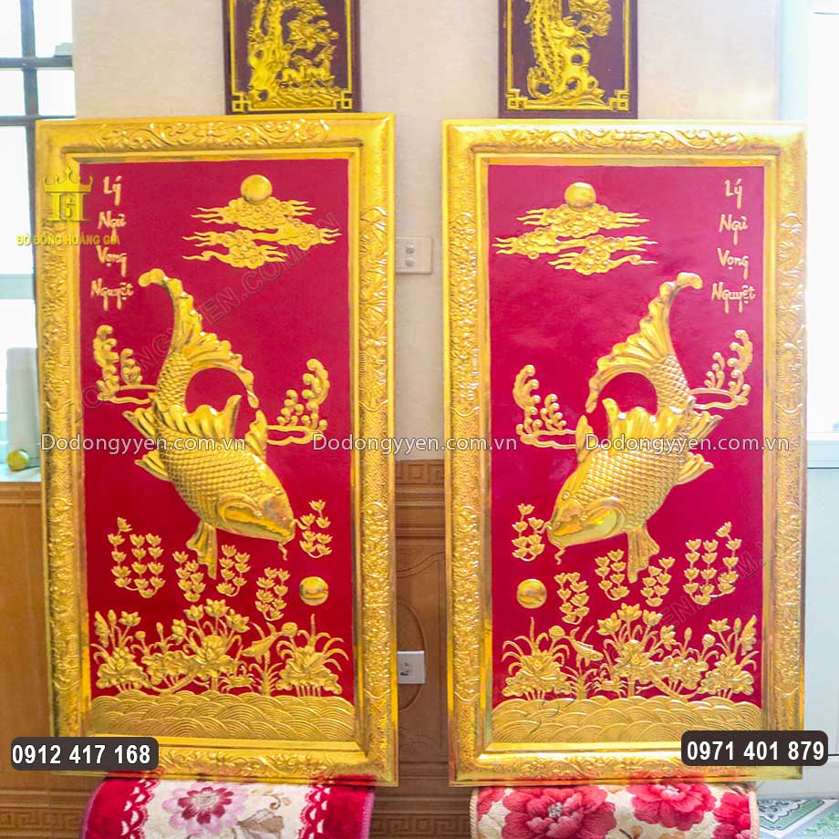 Đôi Tranh Đồng Lý Ngư Vọng Nguyệt Dát Vàng 9999 Hàng Đặt