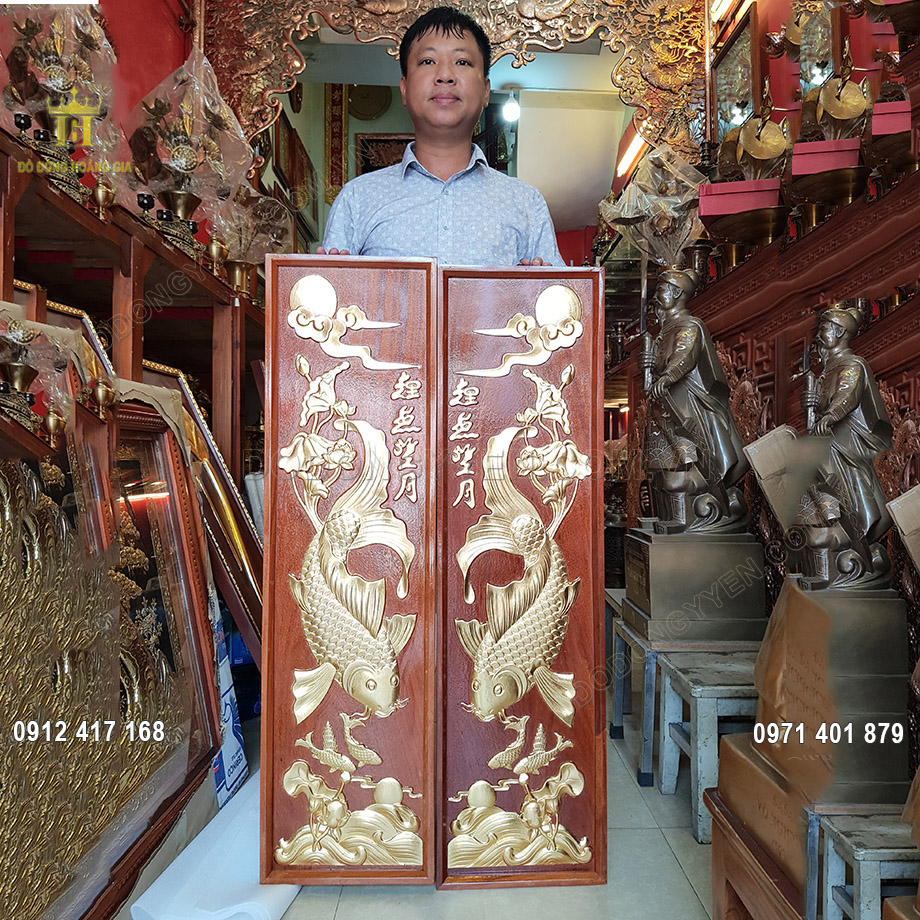 Đôi Tranh Gỗ Lý Ngư Vọng Nguyệt Dát Vàng 9999 1M2