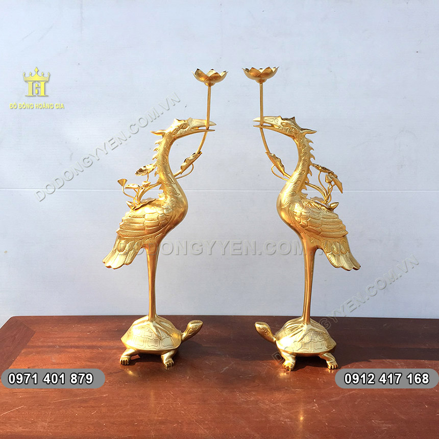 Đôi Hạc Thờ Đúc Bằng Đồng Đỏ Thếp Vàng Ta