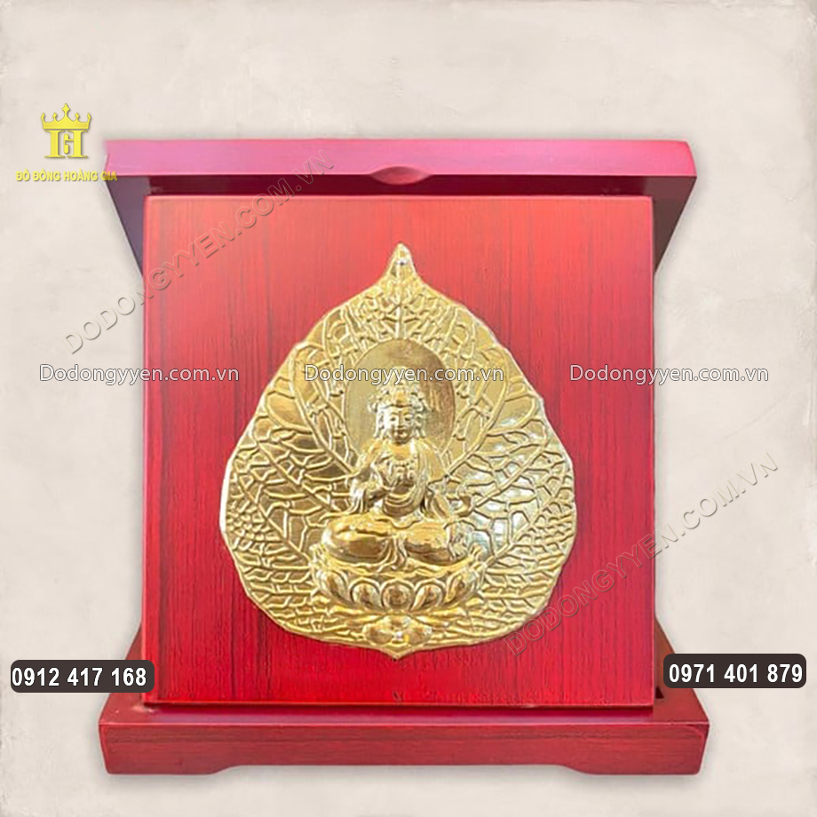 Lá Bồ Đề Bằng Đồng Mạ Vàng 24K Ốp Hộp Gỗ Sang Trọng