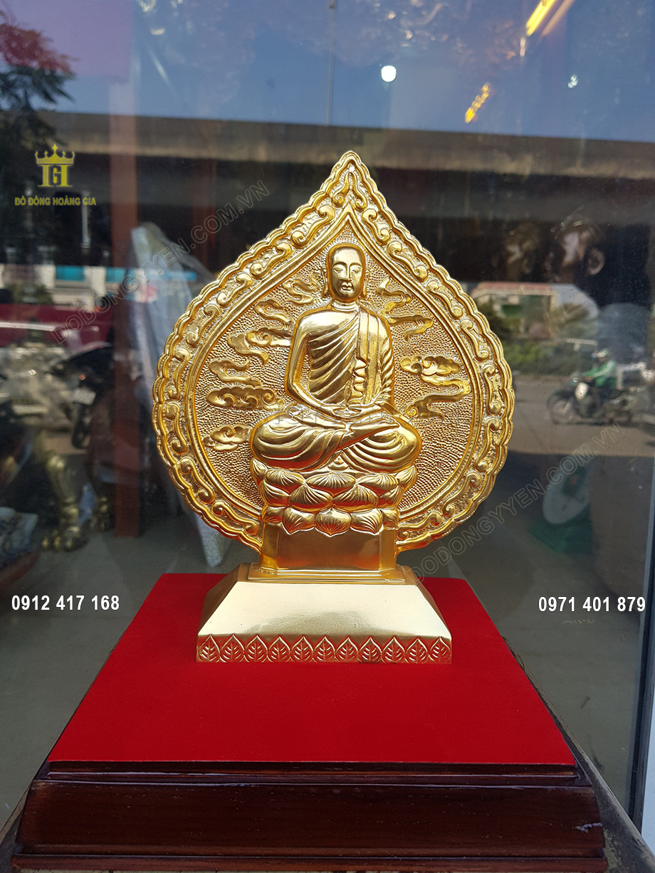 L&aacute; Bồ Đề Phật Ho&agrave;ng Trần Nh&acirc;n T&ocirc;ng Ngồi Đ&agrave;i Sen Bằng Đồng Mạ V&agrave;ng 24K