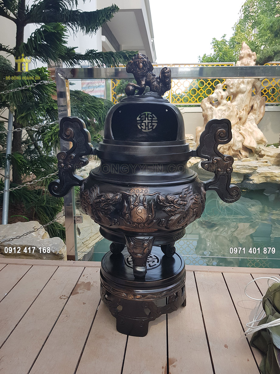 Lư H&oacute;a V&agrave;ng Đồng Đỏ Hun Đen Giả Cổ 90Cm