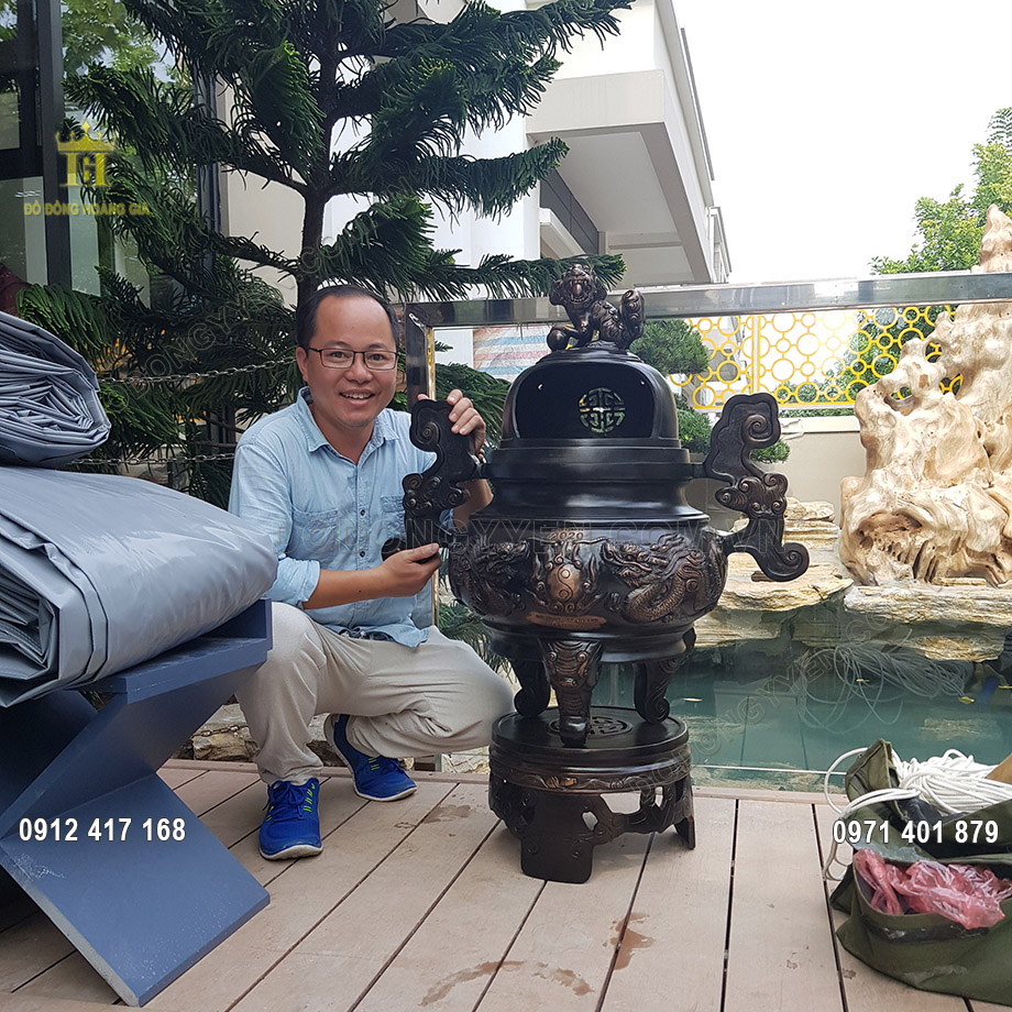 Lư Hóa Vàng Đồng Đỏ Hun Đen Giả Cổ 90Cm