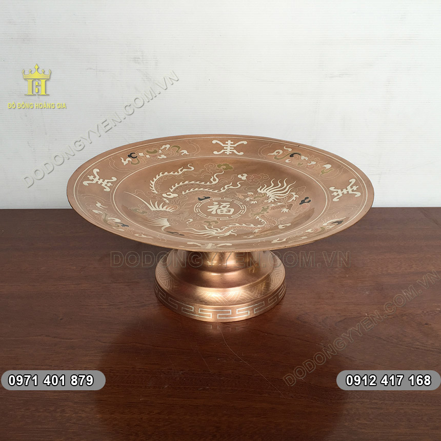 Mâm Bồng Bằng Đồng Khảm Rồng Phượng 33cm