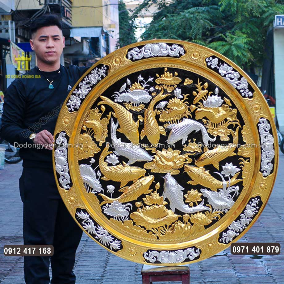 Mâm Đồng Cửu Ngư Quần Hội Thúc Nổi Dát Vàng Dát Bạc 9999 1M2