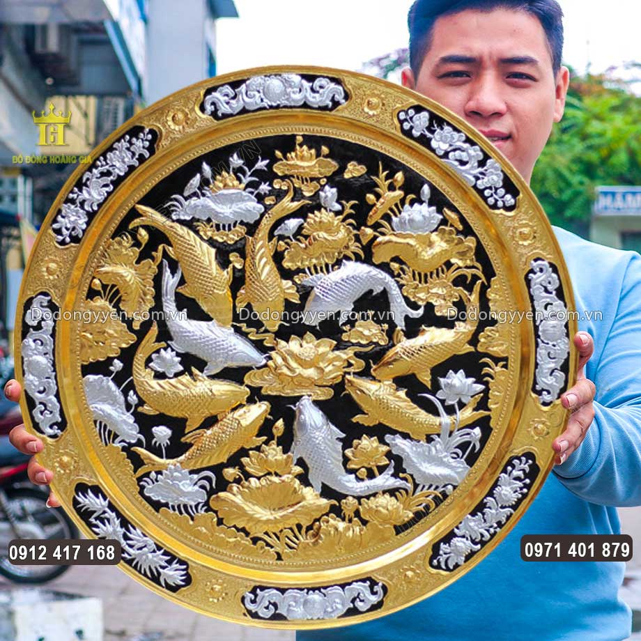 Mâm Đồng Cửu Ngư Quần Hội Thúc Nổi Dát Vàng Dát Bạc 9999 97Cm
