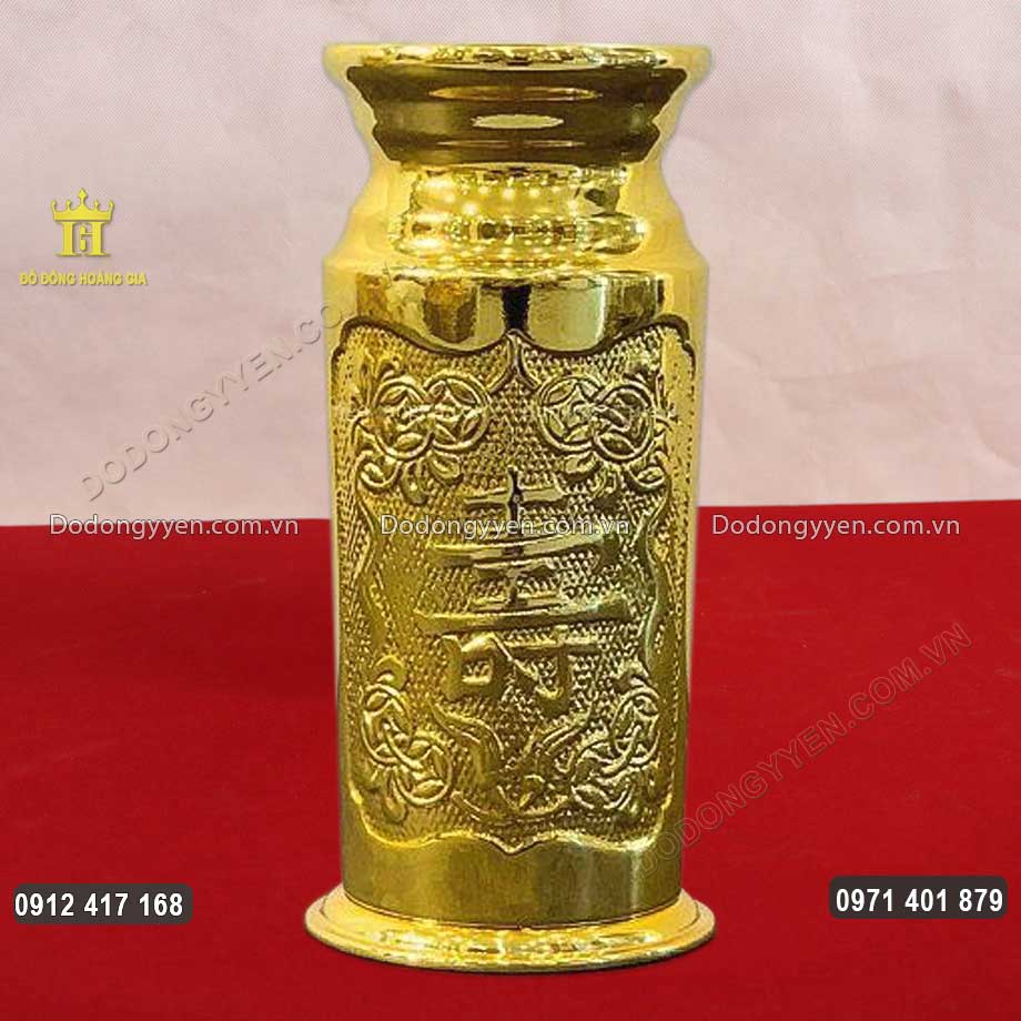 Ống Đựng Hương Chữ Thọ Bằng Đồng Mạ Vàng 24K
