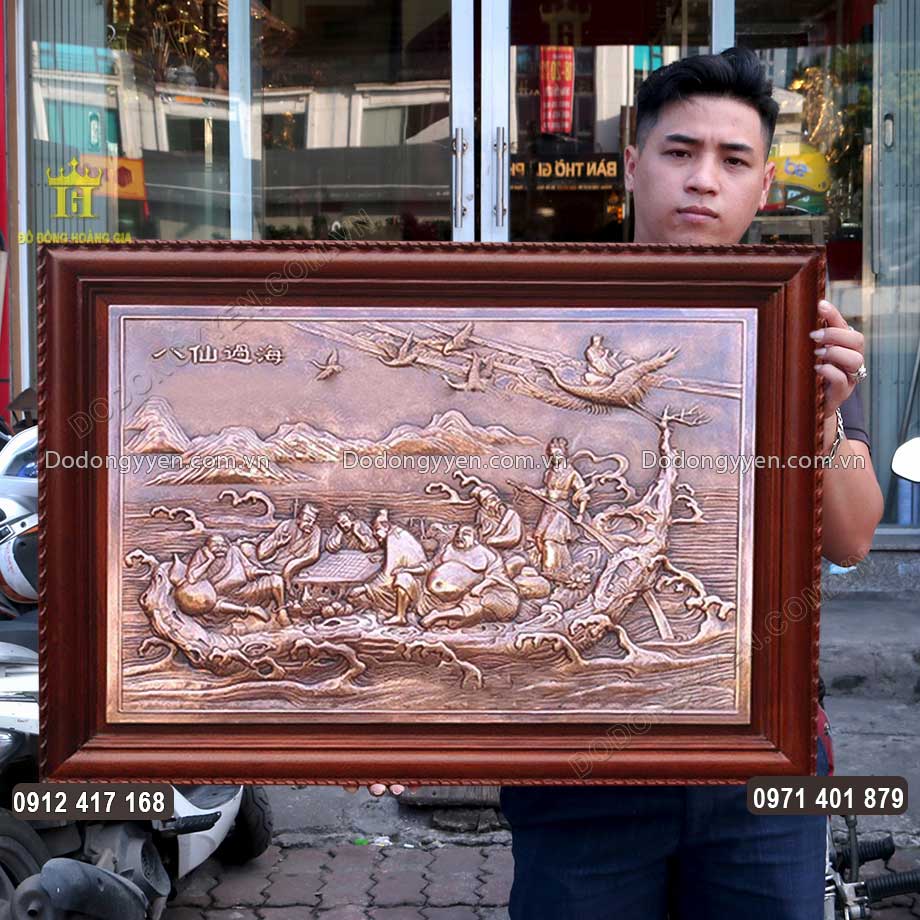 Tranh Bát Tiên Quá Hải Bằng Đồng Đỏ Khung Gỗ Hương Cao Cấp