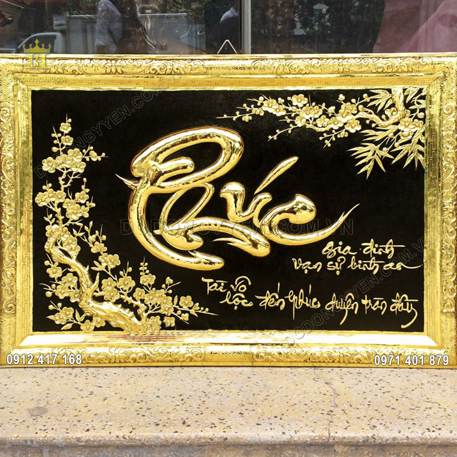 Tranh chữ Phúc khung đồng khổ ngang mạ vàng 24K
