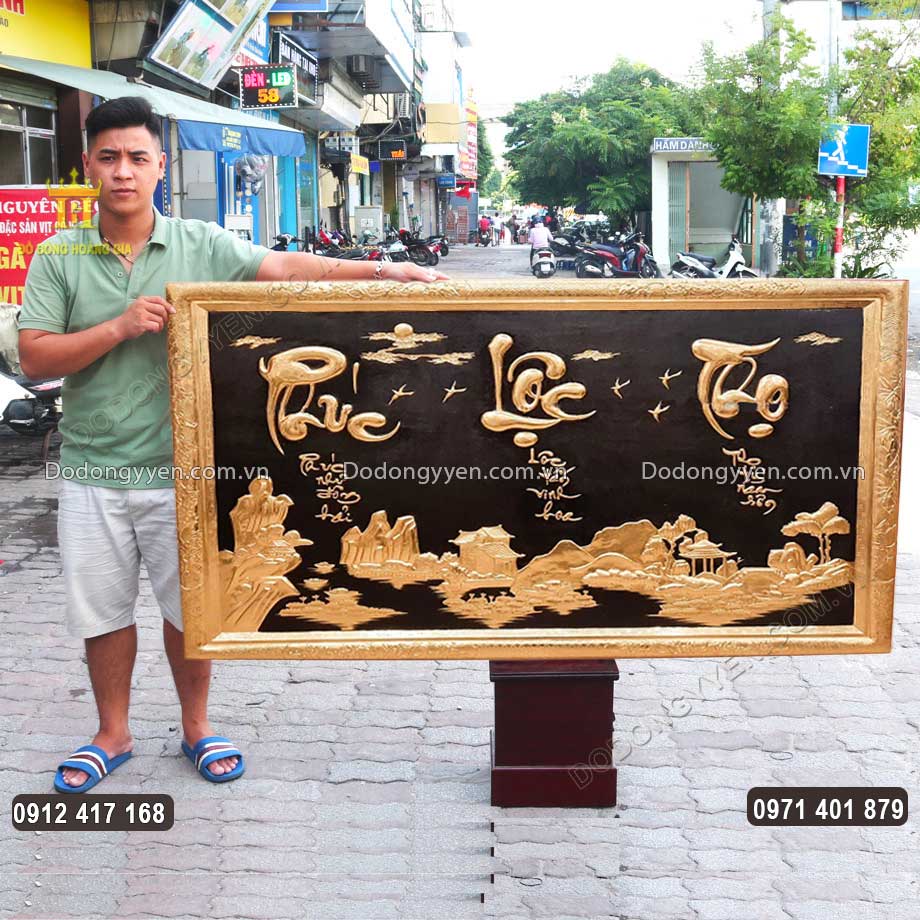 Tranh Chữ Phúc Lộc Thọ Khung Liền Đồng Dát Vàng 9999