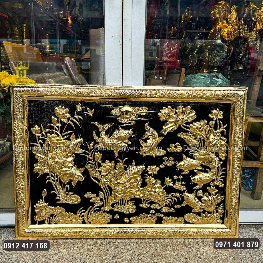 Tranh Cửu Ngư Quần Hội Bằng Đồng Mạ Vàng 24K