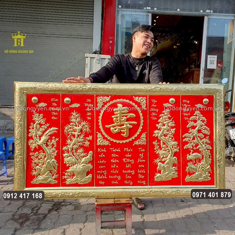 Tranh Đồng Chữ Thọ Tứ Quý Dát Vàng 24K Cao Cấp