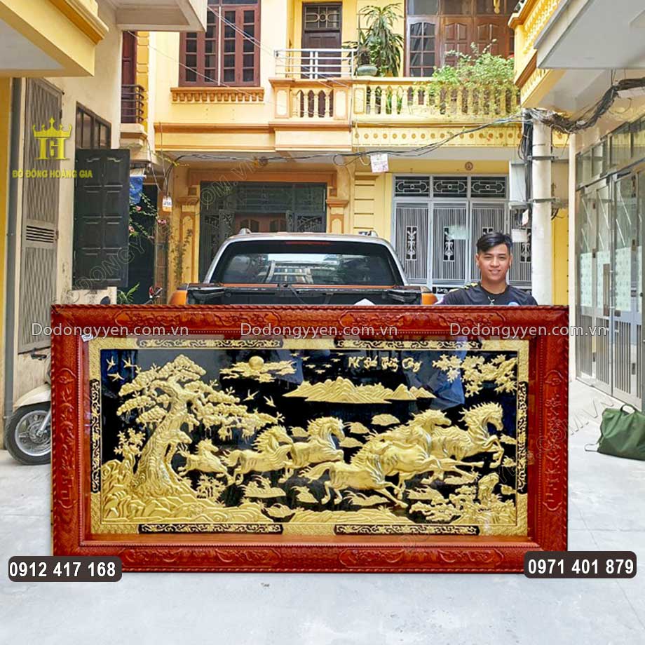 Tranh Đồng Mã Đáo Thành Công Dát Vàng 9999 Khung Gỗ Hương Cao Cấp