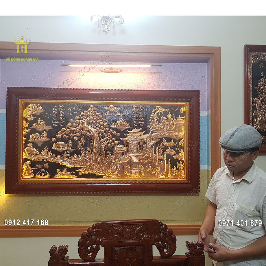 Tranh đồng quê đồng đỏ khung gỗ lát 1m97
