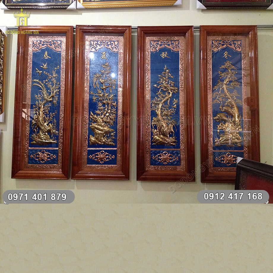 Tranh Đồng Tứ Quý Đồng Đỏ Nền Xanh 1m2