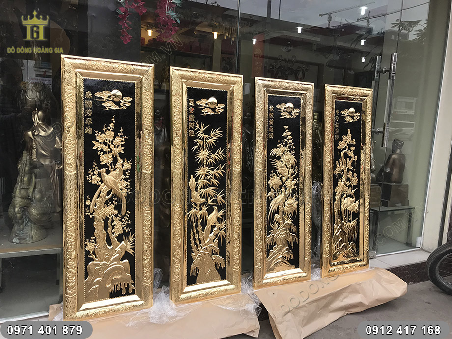 tranh đồng tứ quý mạ vàng