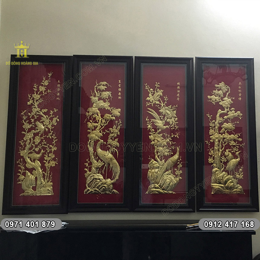 Tranh Đồng Tứ Quý Đồng Vàng Nền Đỏ