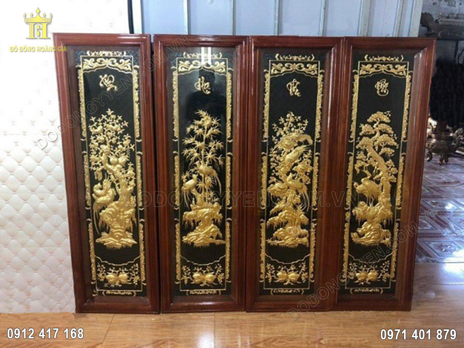 Tranh đồng tứ qu&yacute; T&ugrave;ng C&uacute;c Tr&uacute;c Mai 1m2 thếp v&agrave;ng 9999