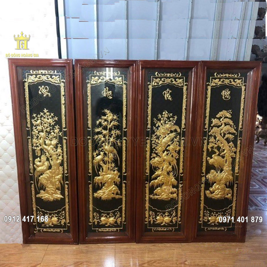 Tranh đồng tứ quý Tùng Cúc Trúc Mai 1m2 thếp vàng 9999