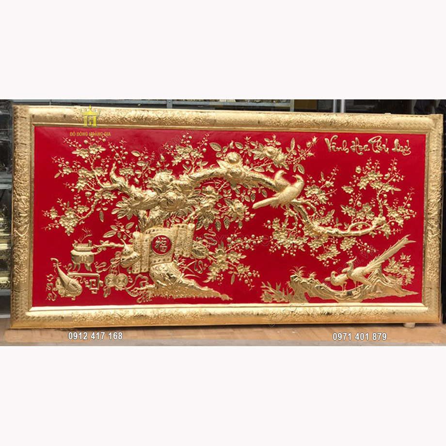 Tranh đồng vinh hoa phú quý mạ vàng 24K nền đỏ 2m26